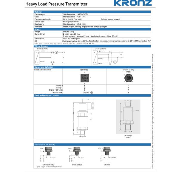 Heavy Load Pressure Transmitter KP30 2wire 4-20mA Welded Stainless Steel Pressure Sensor