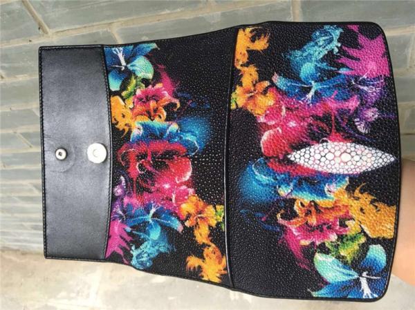 Authentic Stingray Skin  Closure Female Large Flower Purse Wallet Genuine Leather Lady Phone Clutch Women Card Holder