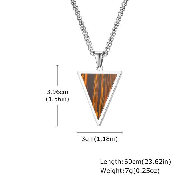 Pendant triangulaire en acier inoxydable pour homme avec incrustation d'oeil de tigre (longueur 60cm 23.62in) et un à un service