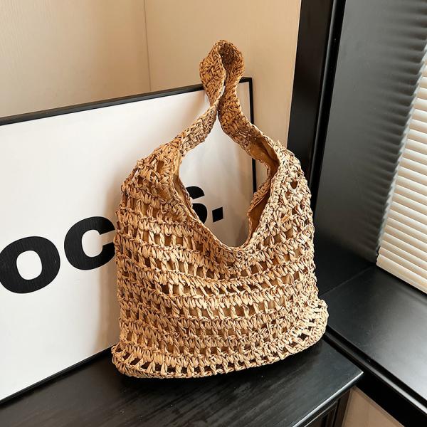 Bolsas Personalizadas Logo Bolsos De Paja Tejida Custom Raffia Clutch Woven Crochet Shoulder Women Handbags Beach Straw Bag Mesh Beach Bag Crochet Tote Bag Straw Crochet Purses for Women Raffia Tote