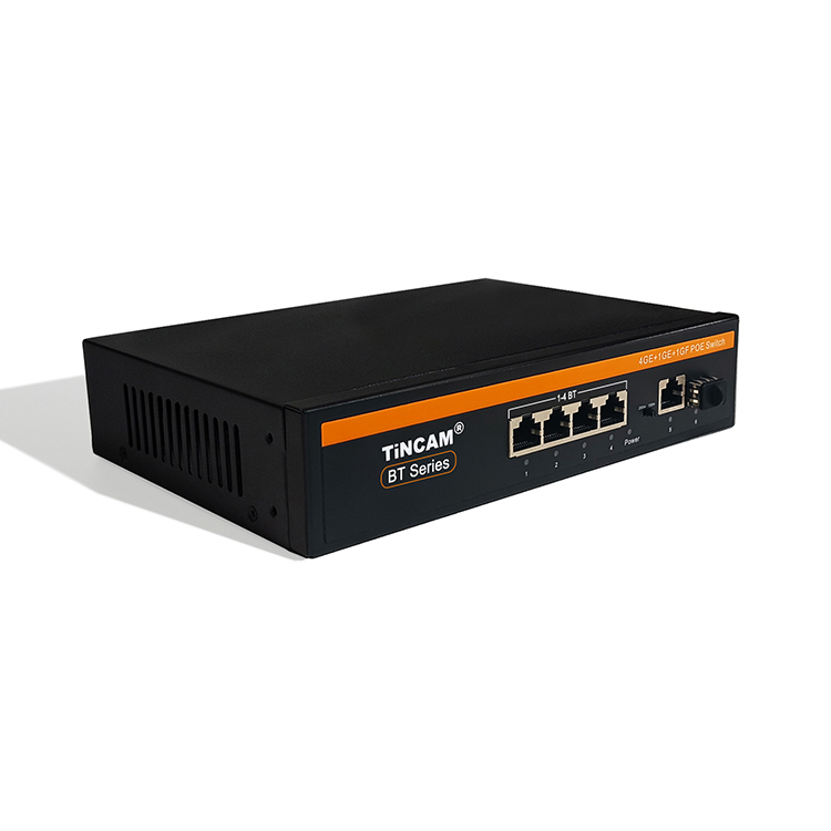 6 Port Gigabit PoE++ Switch 4 PoE Ports 1 Uplink RJ45 Ports  1 SFP Uplink IEEE 802.3af at bt 120W PoE Budget Desktop Metal Case TBC-PSD5106N-1PF