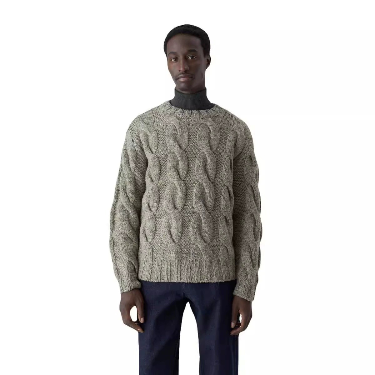 Men's 100% wool fancy yarn cable pullover