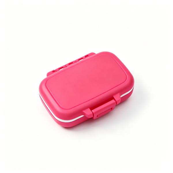 Portable travel-friendly, eco-friendly wheat straw pillbox for storing medicines taken three times a day, morning and evening.