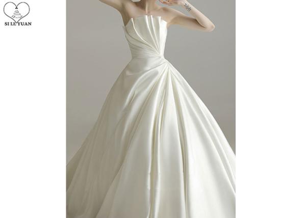 Cream luxury Unique Ball Gown Wedding Dresses Satin Long Tail Big Pleats