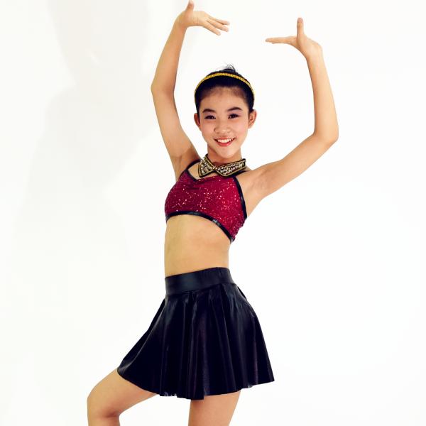 Passionate Sequined Top Hip Hop Style Clothing Rhinestones Collar Seperated Imitation Leather Skirt