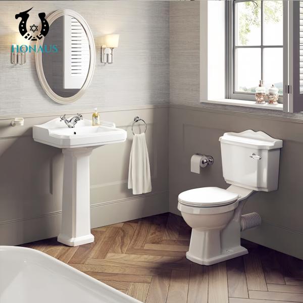 Classic Bathroom Full Pedestal Wash Basin High Temp Burned Ceramic White Retro Style