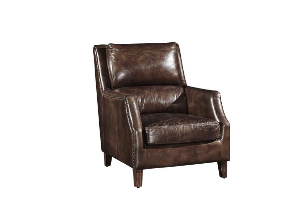 Industrial Retro Vintage Cigar High Back Leather  Armchair With Solid Wood Legs
