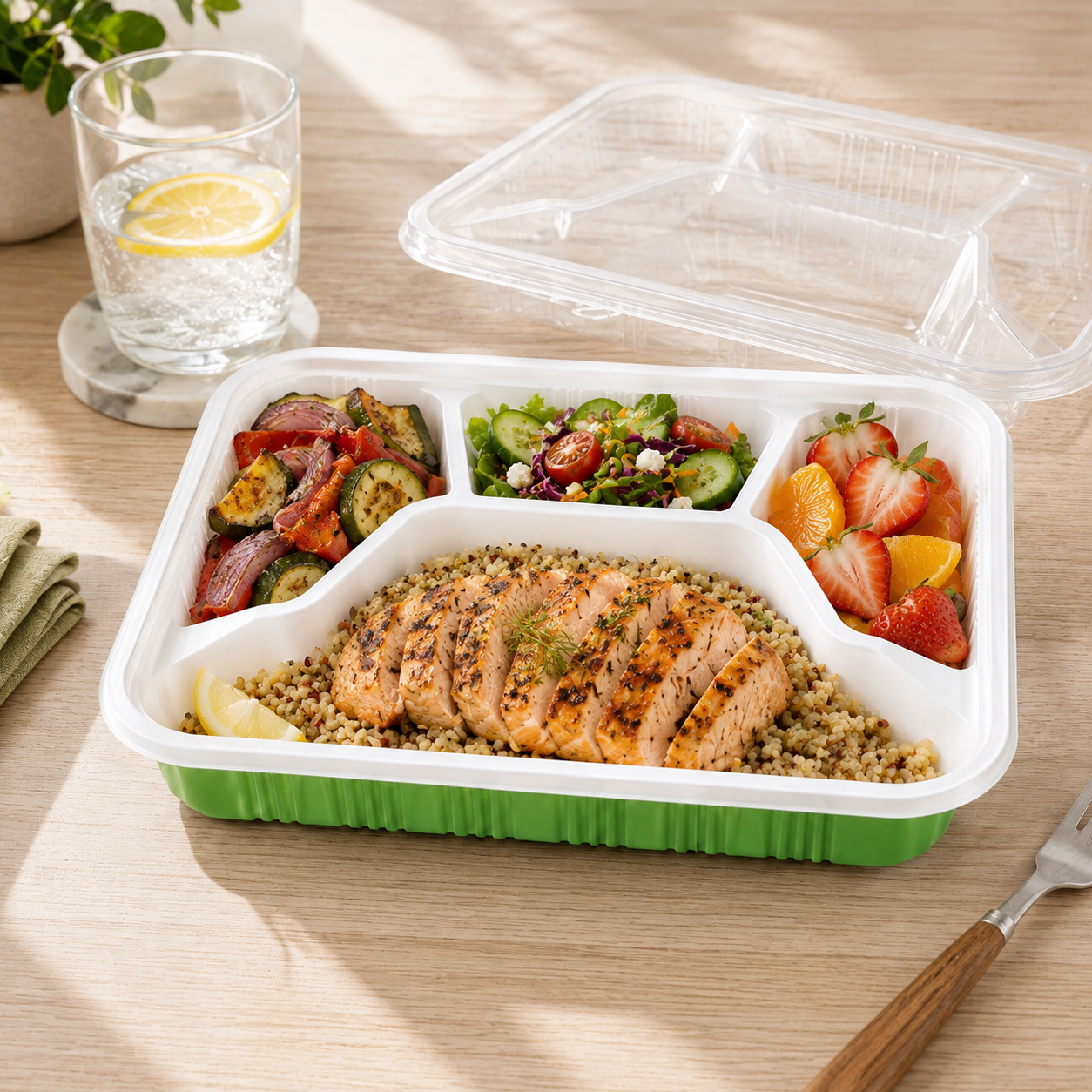 School Lunch Green Four Compartment Tray Catering PP Meal Tray