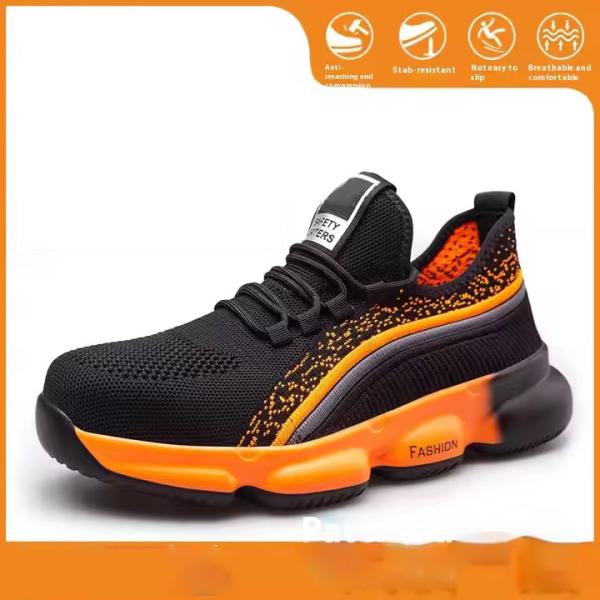 Black Comfortable Kevlar Mid Sole Anti-stab Work Shoes With Steel Toe Breathable Flying Knit