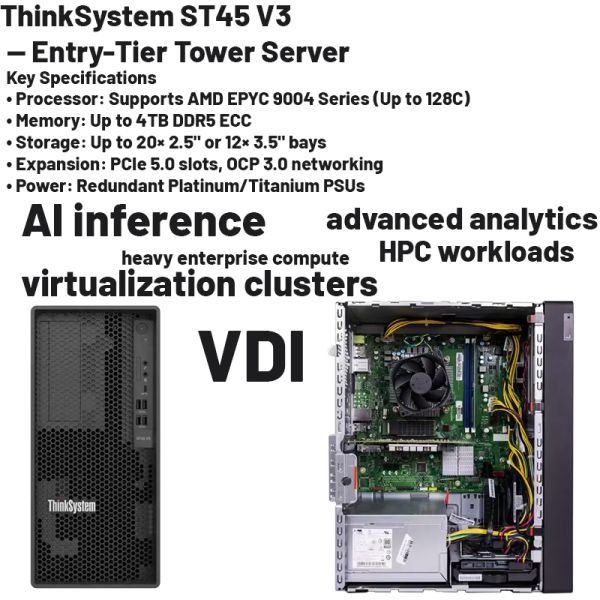 Lenovo ThinkServer ST45 V3 4U Tower Server with AMD EPYC 4005 Processor and 64GB