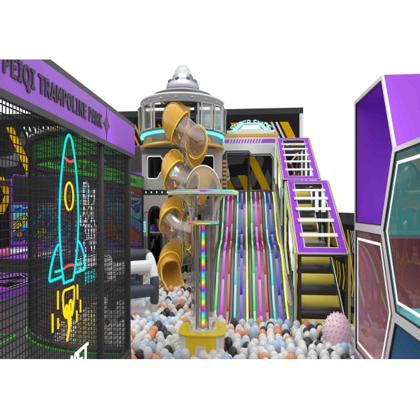 Space Arcade Trampoline Park Sci Fi Purple Yellow Themed Commercial Indoor