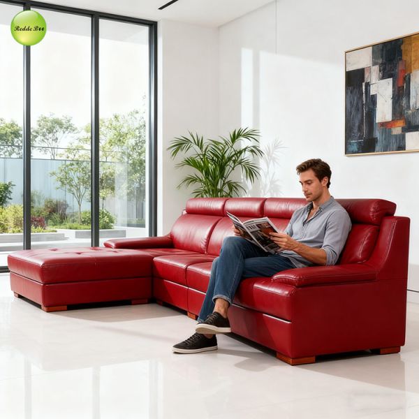 Bold Red Leather L - Shaped Sofa: Vibrant, Plush – Perfect for Lively Conversations