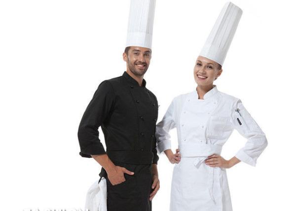 Men Polyester Fabric Kitchen Staff Uniforms Rollable Cuffs Black And White With Hat