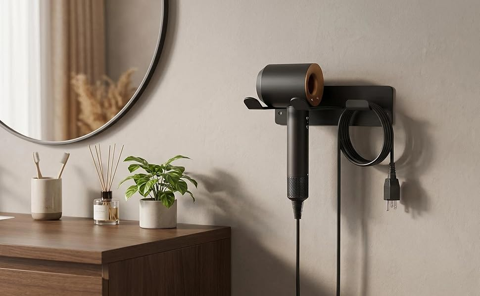 Hair Dryer Holder Wall Mount, Universal Hair Dryer Hanger for Bathroom/Bedroom/Barbershop, 304 Stainless Steel Organizer with 3M Adhesive, No Drilling Space Saver (Black)