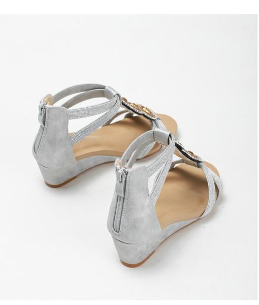 BS171 Fashion Sandals Women'S European And American Rhinestone Cross Strap Back Zipper Wedge Heel Mid-Heel Women'S Shoes