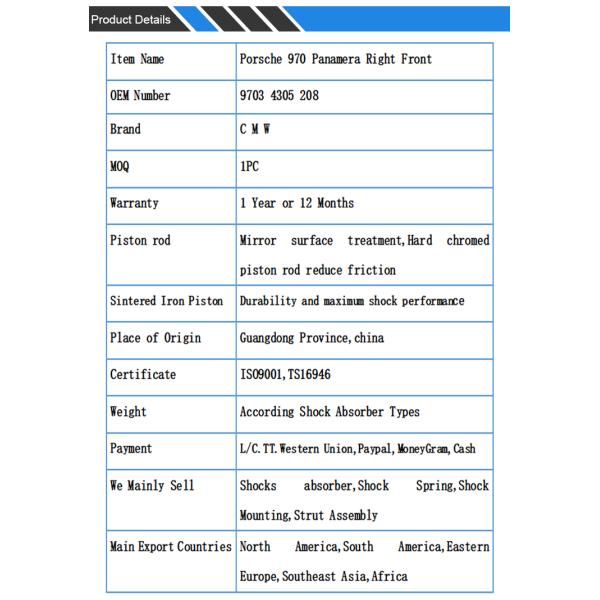 Порше 970 Panamera проветривает регулируемые амортизаторы удара 97034305208 97034305115