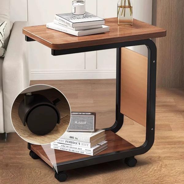 Space-Saving Living Room Furniture Corner Coffee Bedside Table with Wheels C Shape 2 Tiers End Rolling Storage Rack Shelf