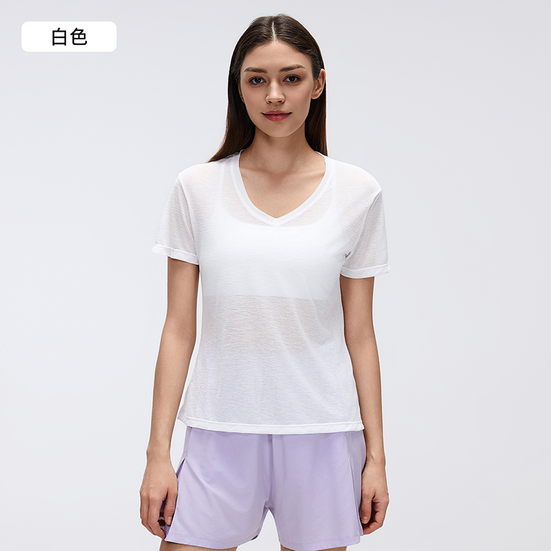 White Sheer V Neck Short Sleeve Workout Tee for Yoga and Casual Layering