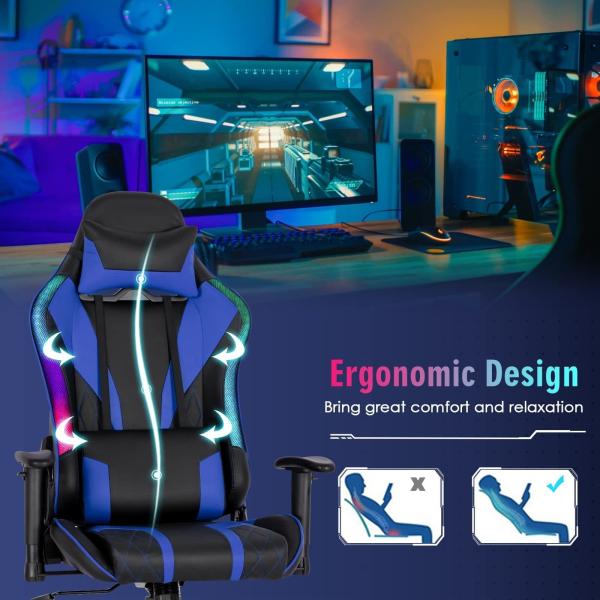 Synthetic Leather RGB Gaming Chair with RGB LED Lights 27D x 27W x 53H Adjustable