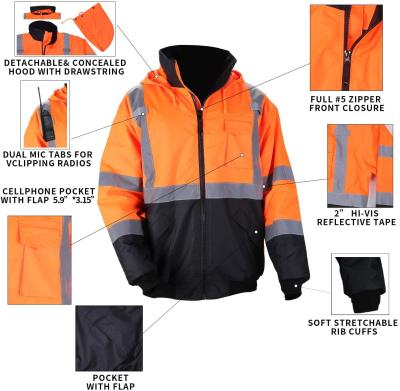 Full Zip Padding Orange Bomber Hi Vis Waterproof Jacket Soft Fleece Lining