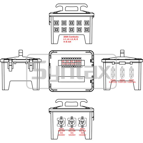 Syntax MP24 IP67 NEMA Waterproof Spider Box Temp Power Supply Electrical Power Distribution Input 200A 120/208V Duplex Receptacle