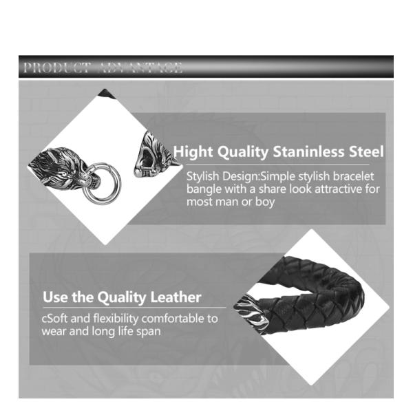 Hot Sales PU Leather Stainless Steel Double Wolf Heads Bracelet
