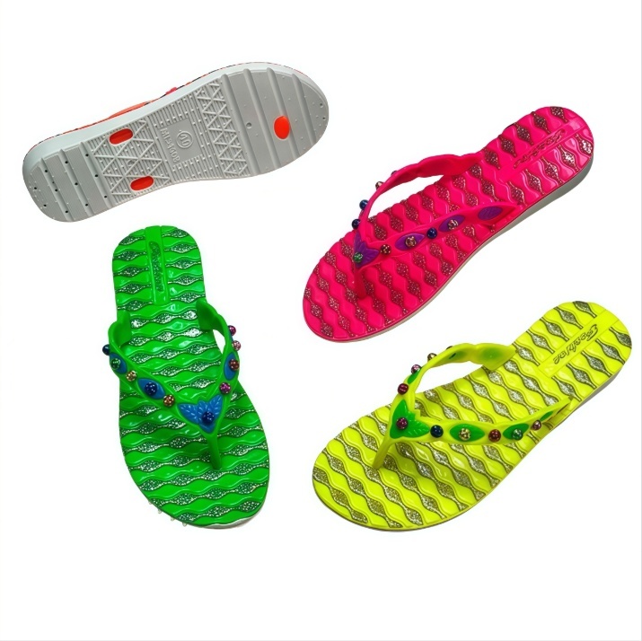 PVC Women Wavy Glitter Sole Thongs With Colorful Rhinestone And Leaf Accents