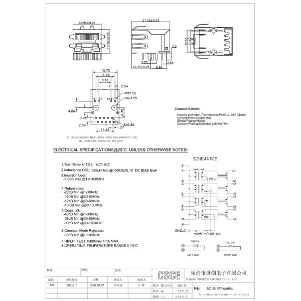 POE+ Magnetic RJ45 Jack Black Color With Internal Isolation Transformer Module