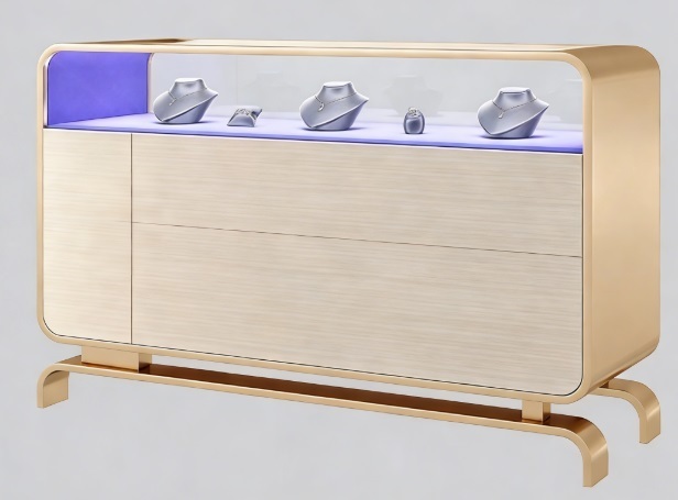 Light Luxury Rounded Corner Jewelry Display Cabinet LED Lighting Champagne Gold Stainless Steel Glass Storage Drawers