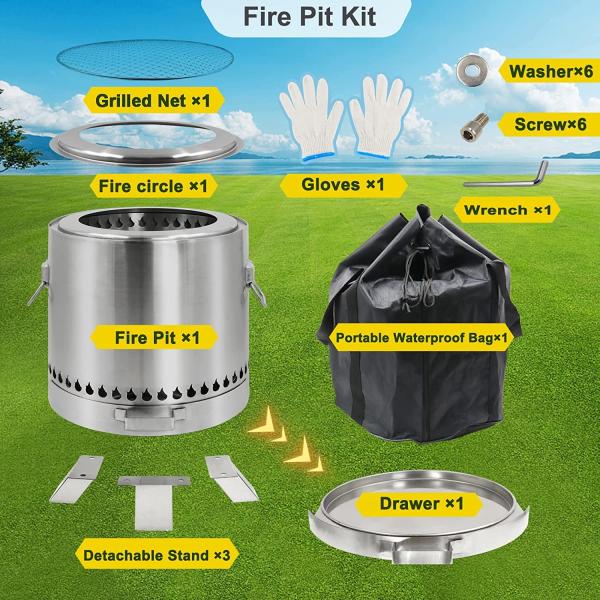 Stainless Steel Portable Outdoor Smokeless Fire Pit 15×14.2 Inch Camping And Cooking