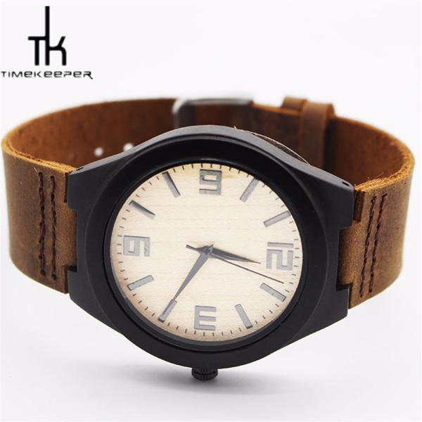 Leather Strap Bamboo Wood Watches Multiple Time Zone With Your Logo
