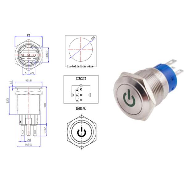19mm Latching Metal Push Button Switches On Off Illuminated Dot Light