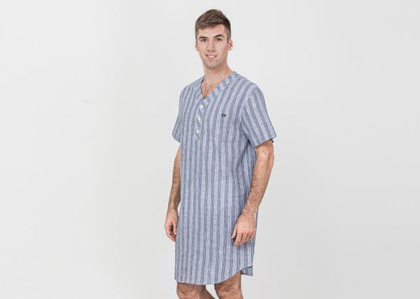 Stripeed Design Mens Short Sleeve Nightshirts Button Placket Embroidery Curved Hem