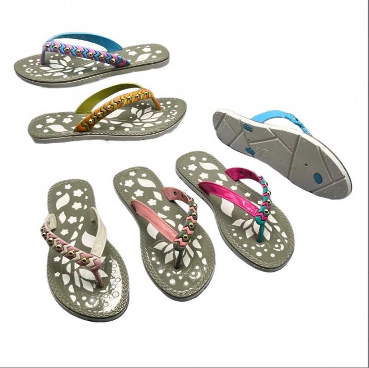 PVC Women Ethnic Braided Bead Strap Thongs With Floral Cutout Sole And Geometric Traction