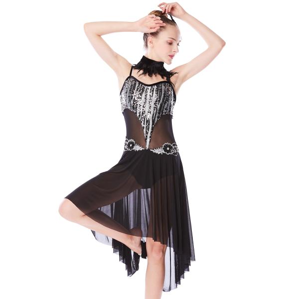 MiDee Lyrical Dress Modern Dance Costumes Heavy Sequins Silver/Back With Feather Neck Wear For Solo Performance
