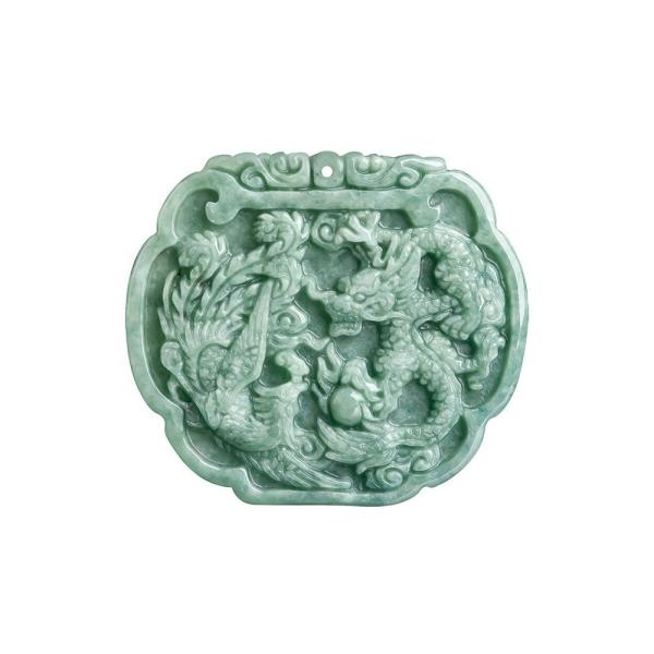 Love Theme Natural Jadeite Necklace Pendant in Feng Shui Style with Auspicious Dragon and Phoenix
