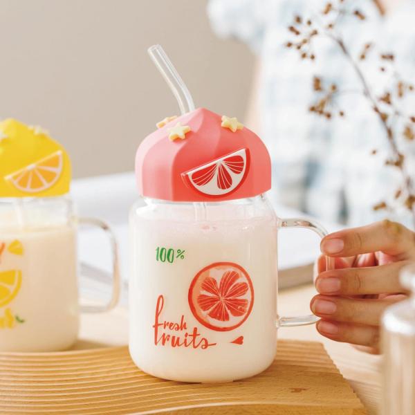 Taza de vidrio transparente de verano para fruta, taza de vidrio de alta temperatura, linda, de gran capacidad, con tapa y pajita, para estudiantes y niñas, taza para desayuno con leche