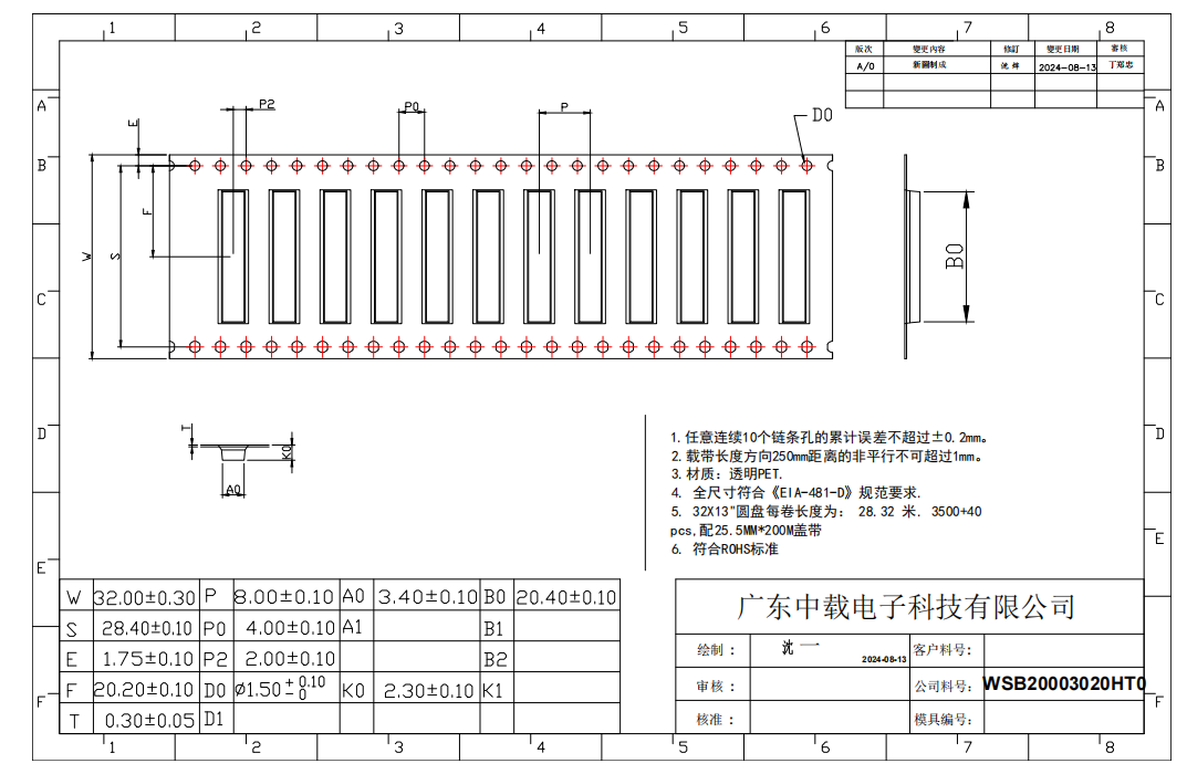 WSB20003020HTO SMT Carrier Tape Transparent 32mm Width With Long B0 Pocket Stable Reel Support