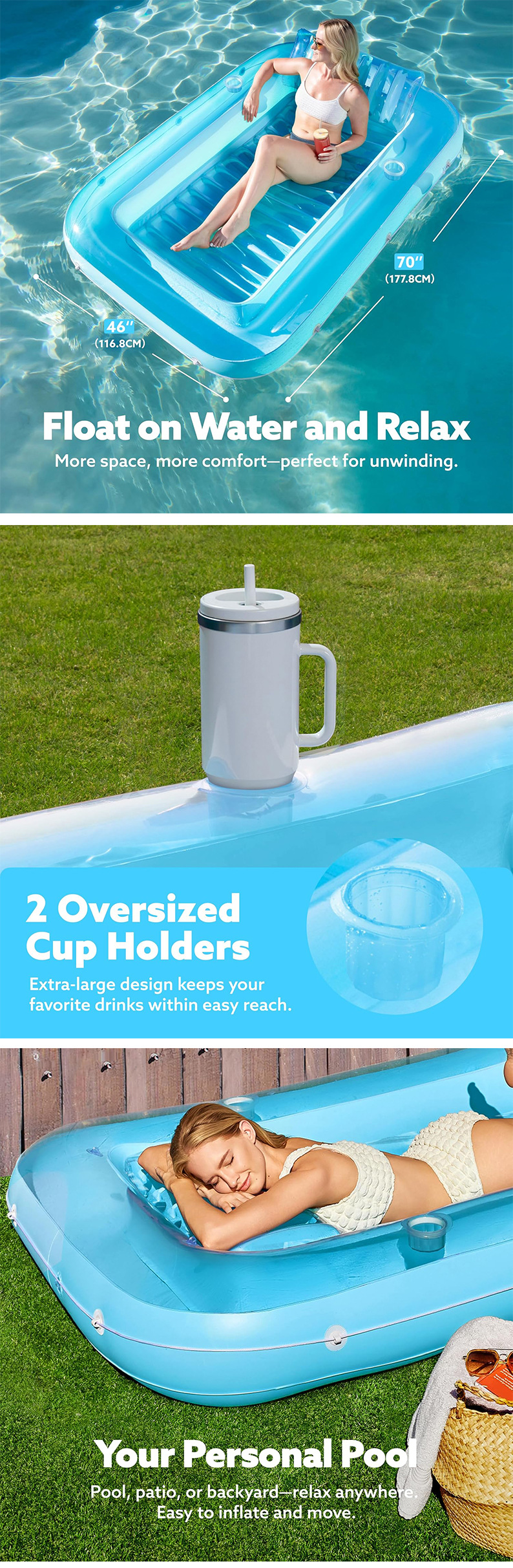 Inflatable Floating Raft with Cup Holder, Tanning Pool Lounge Chair, Beach Sunbathing Pool, Inflatable Transparent Floating Bed