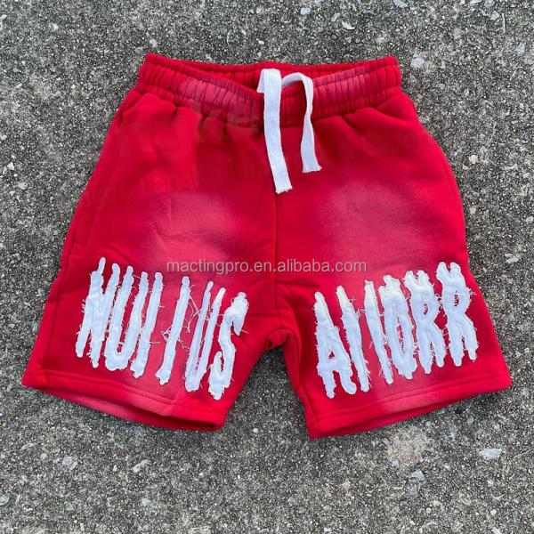 Red Running Acid Wash Distressed Shorts Set Vintage Style Sun Fade Sweat Shorts Embroidered Logo