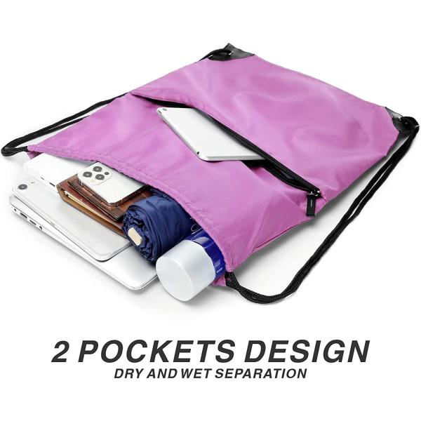 210D Nylon Foldable Sports Gym Drawstring Tote Bag pack Sack W Zipper Side Pocket For Men Women Pink