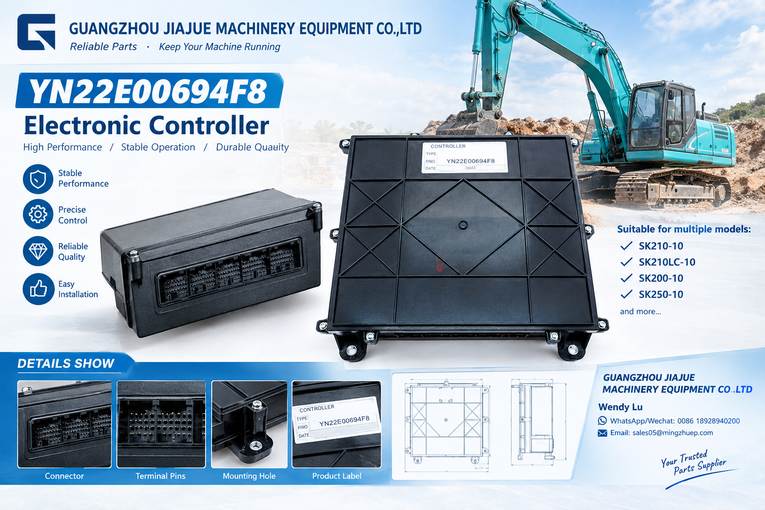 YN22E00694F8 Construction Machinery Controller  Assembly for SK200-10 / SK210-10 Excavator Equipment Repair and Replacement