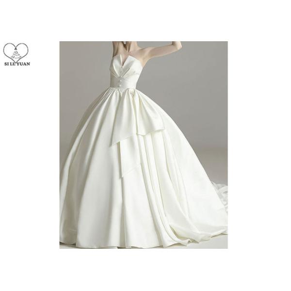 Cream Satin Beautiful Ball Gown Wedding Dress Strapless Big Bow Pleating