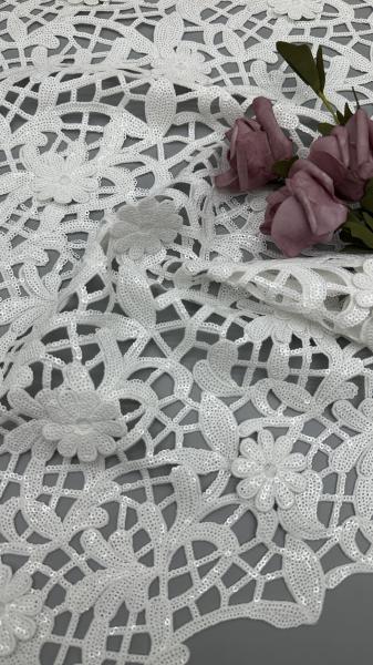 Crochet Lace Fabric White Sequin Embroidered Lace Fabric Leafy Luxury Occasion Wedding Fabric