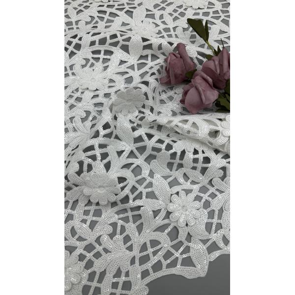 Tejido de encaje de ganchillo Sequin blanco Tejido de encaje bordado Hojas de lujo Tejido de boda de ocasión