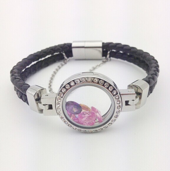 Tagor Jewelry New Style Leather Cord Stainless Steel Glass Lockets Bracelets