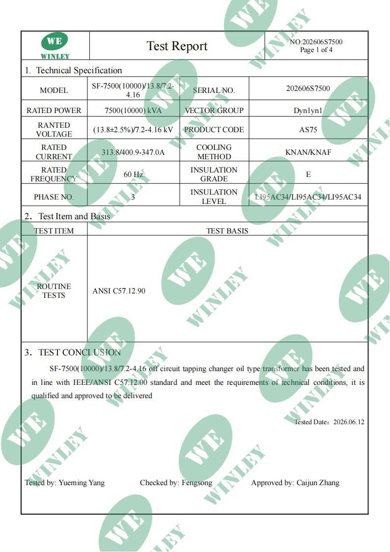 7500/10000kVA Three Phase Substation Power Transformer Dual Secondary 13800V to 7200Y/4160V ＆ 4160Y/2400V MIDEL 7131 Synthetic Ester Fluid ANSI IEEE Standards