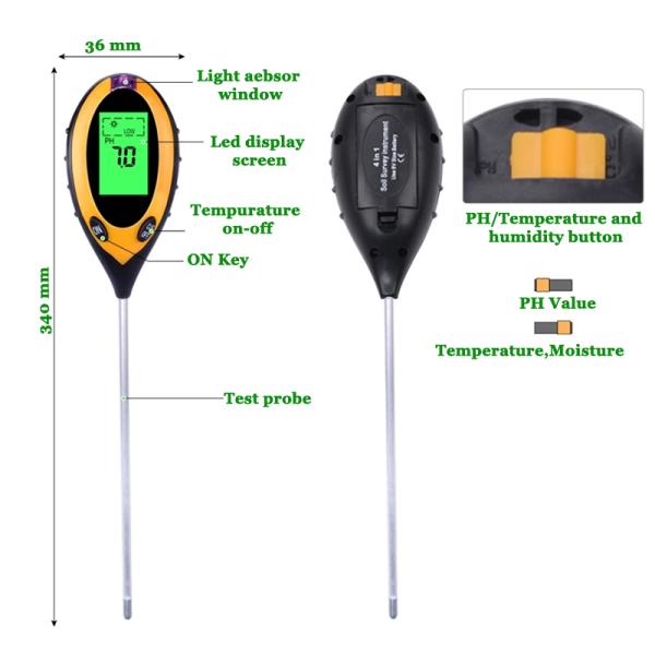 LCD Display Digital 4 in 1 Soil PH Meter with Temperature Moisture Sunlight Tester