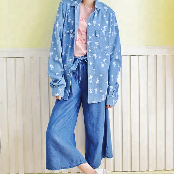 100% Cotton Chambray Long Sleeves Shirt , Loose Fit Blouses For Young Ladies