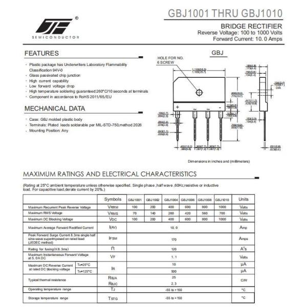 IF 10A VRRM 600V BRIDGE RECTIFIERS WITH 6KBJ PACKAGE FOR INDUSTRIAL EQUIPMENT